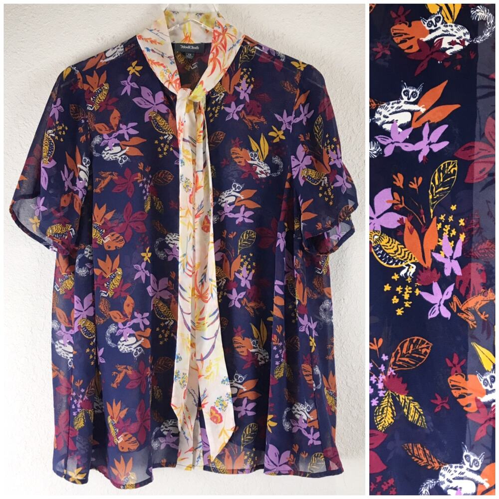 Modcloth Lemur Frog Rainforest Novelty Print Sheer Button Front Top Plus Size 1X